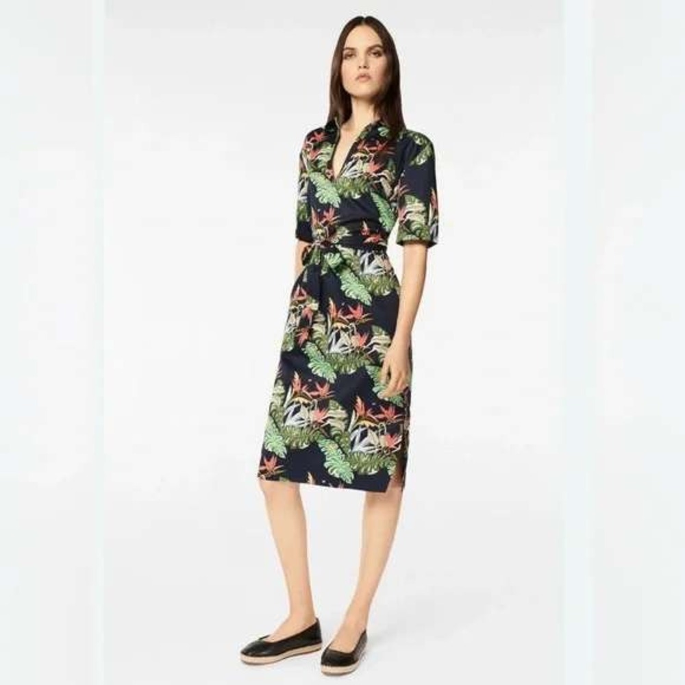 Brooks Brothers‎ Jungle Print Dress Size 2 Navy Midi Tropical Floral Vacation